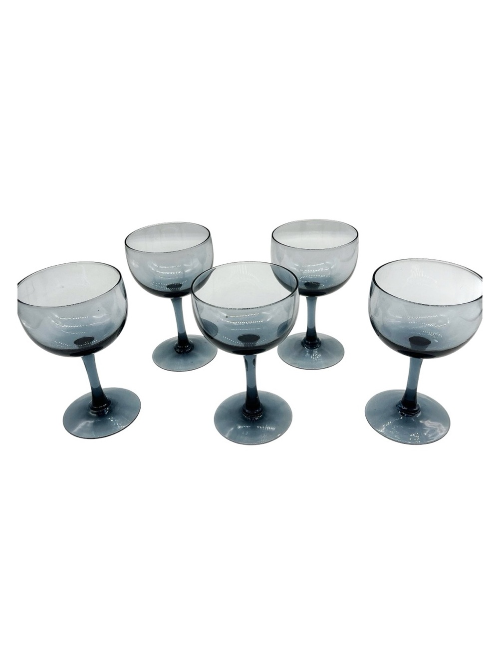 Vintage Sasaki Romance Stemmed Glasses: Smoky Blue Gray MCM Cordials, Set of 5